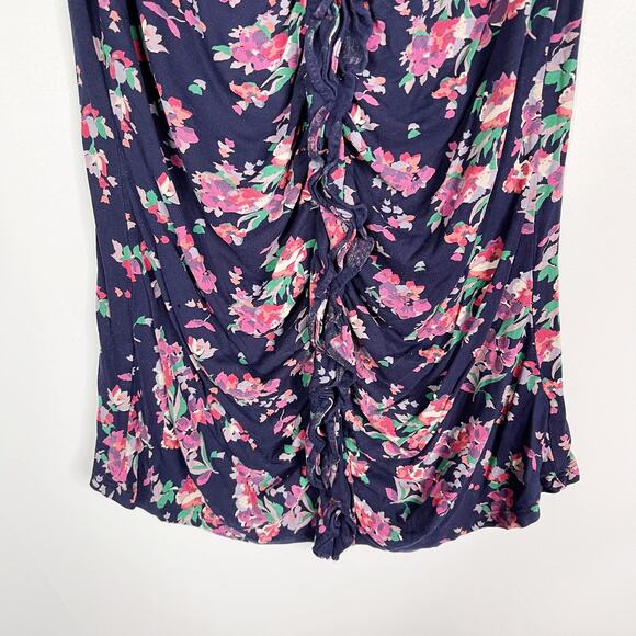 Express Womens Medium Navy Blue Pink Floral Ruffled Front Sleeveless Blouse Top - Picture 4 of 7